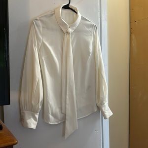 Women’s xs cream button up blouse with puff sleeve and neck tie/bow